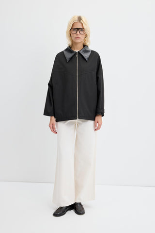 Zip-Up Leather Collar Jacket Black