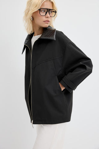 Zip-Up Leather Collar Jacket Black