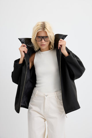 Zip-Up Leather Collar Jacket Black