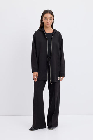 Zippered Kangaroo Pocket Cardigan Black