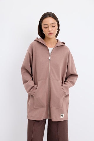 Zippered Kangaroo Pocket Cardigan Dusty Brown