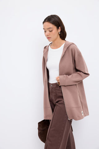 Zippered Kangaroo Pocket Cardigan Dusty Brown