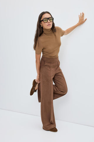 Slim Fit Suede Trousers  with Seam Detail Brown