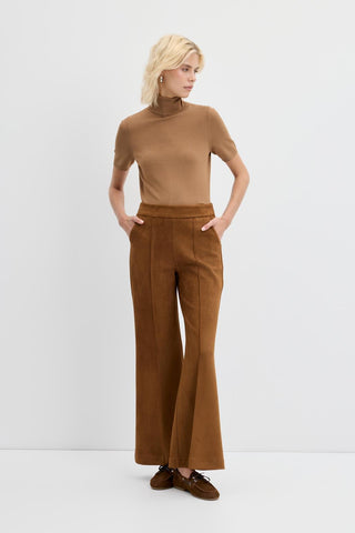 Slim Fit Suede Trousers with Seam Detail Tan