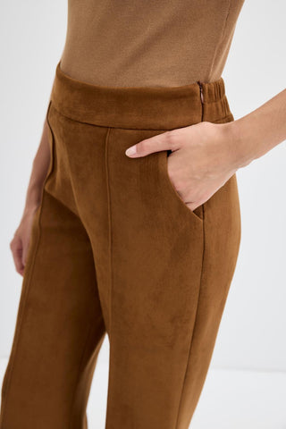 Slim Fit Suede Trousers with Seam Detail Tan