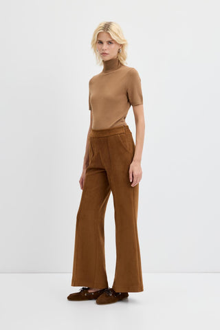 Slim Fit Suede Trousers with Seam Detail Tan