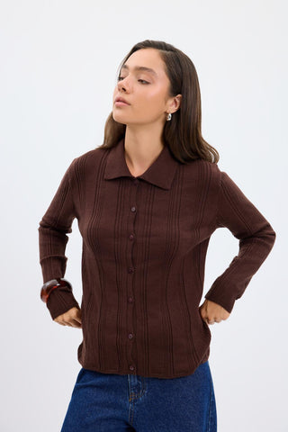 Ribbed Knit Cardigan Brown