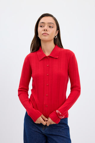 Ribbed Knit Cardigan Red