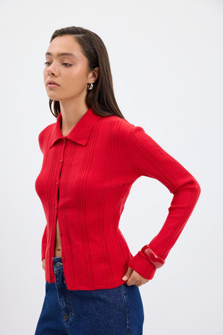 Ribbed Knit Cardigan Red