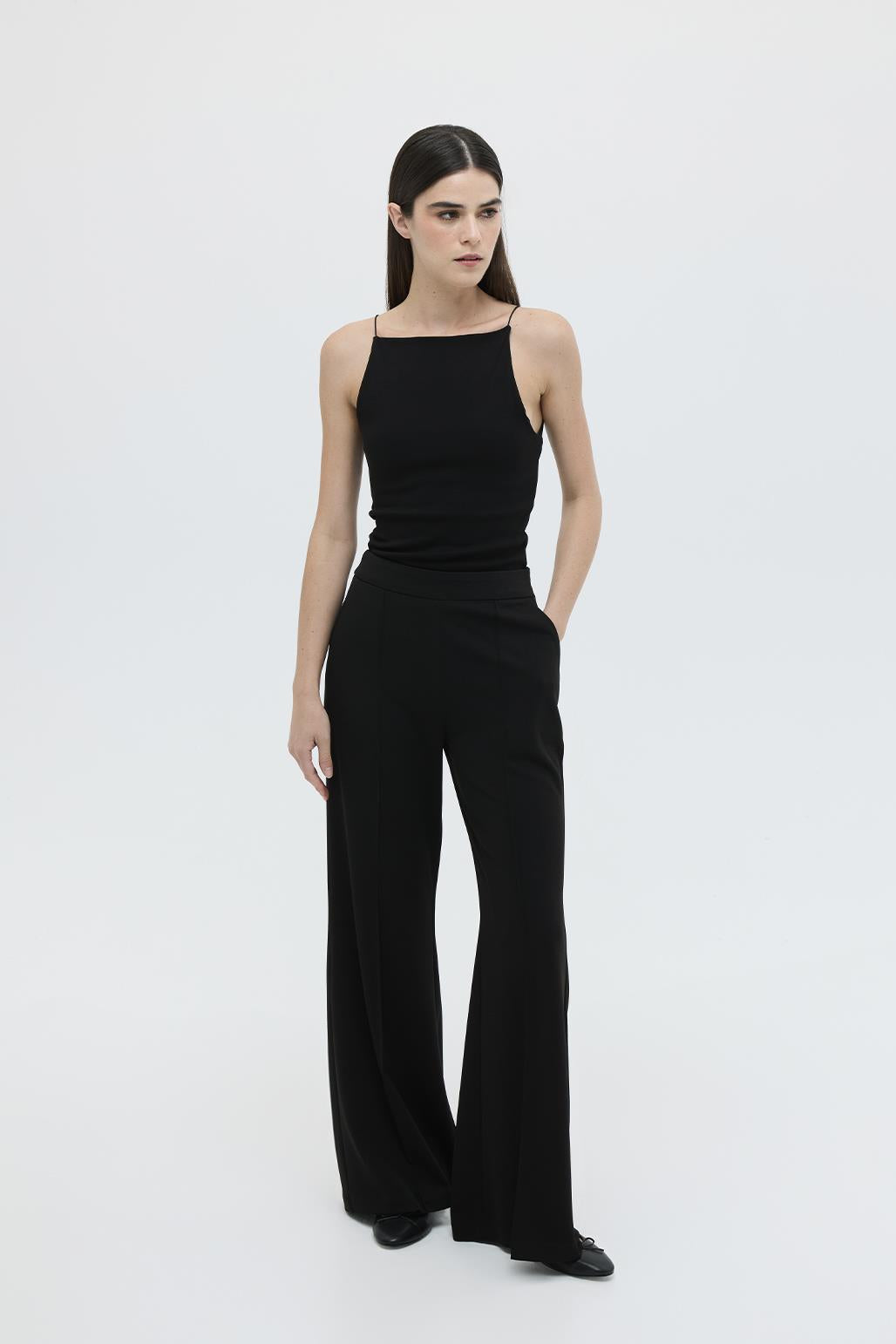 Fit Cut Knitted Palazzo Trousers Black