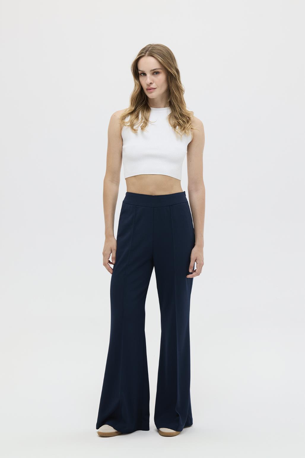 Fit Cut Knitted Palazzo Trousers Navy Blue