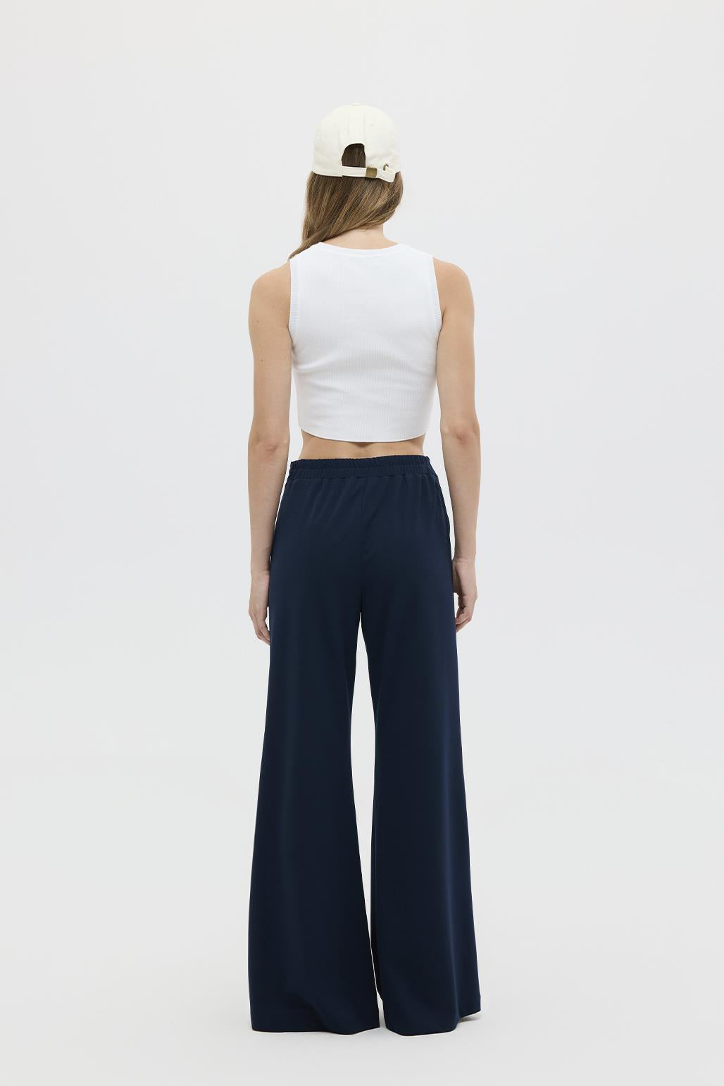 Fit Cut Knitted Palazzo Trousers Navy Blue