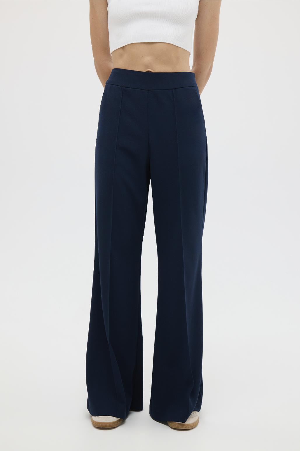 Fit Cut Knitted Palazzo Trousers Navy Blue