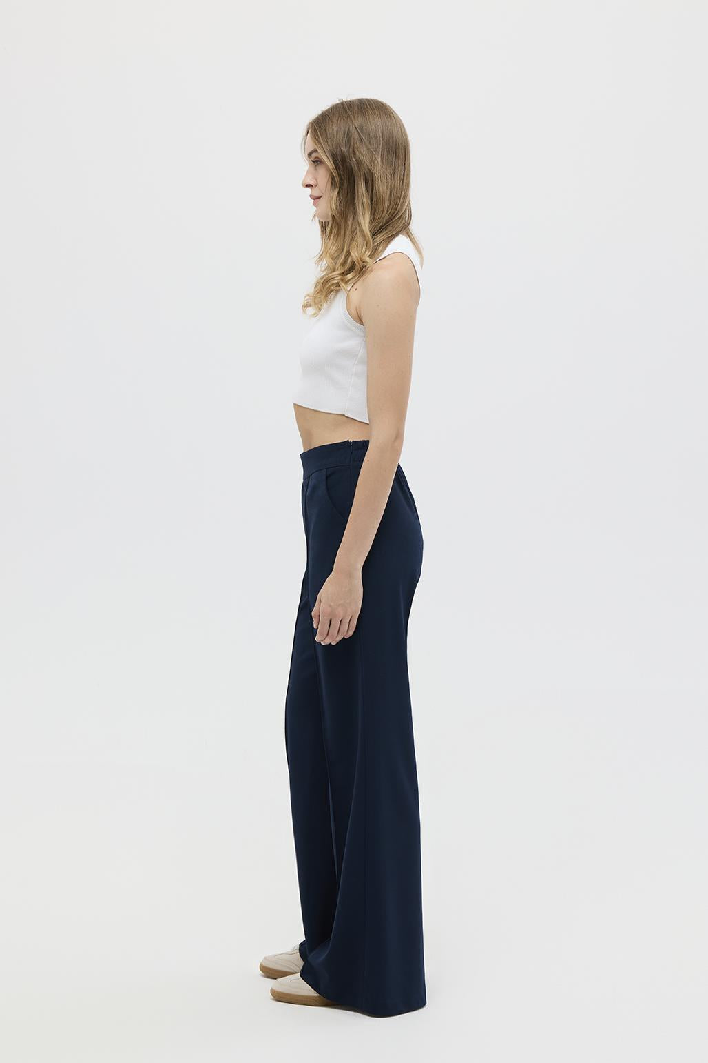 Fit Cut Knitted Palazzo Trousers Navy Blue