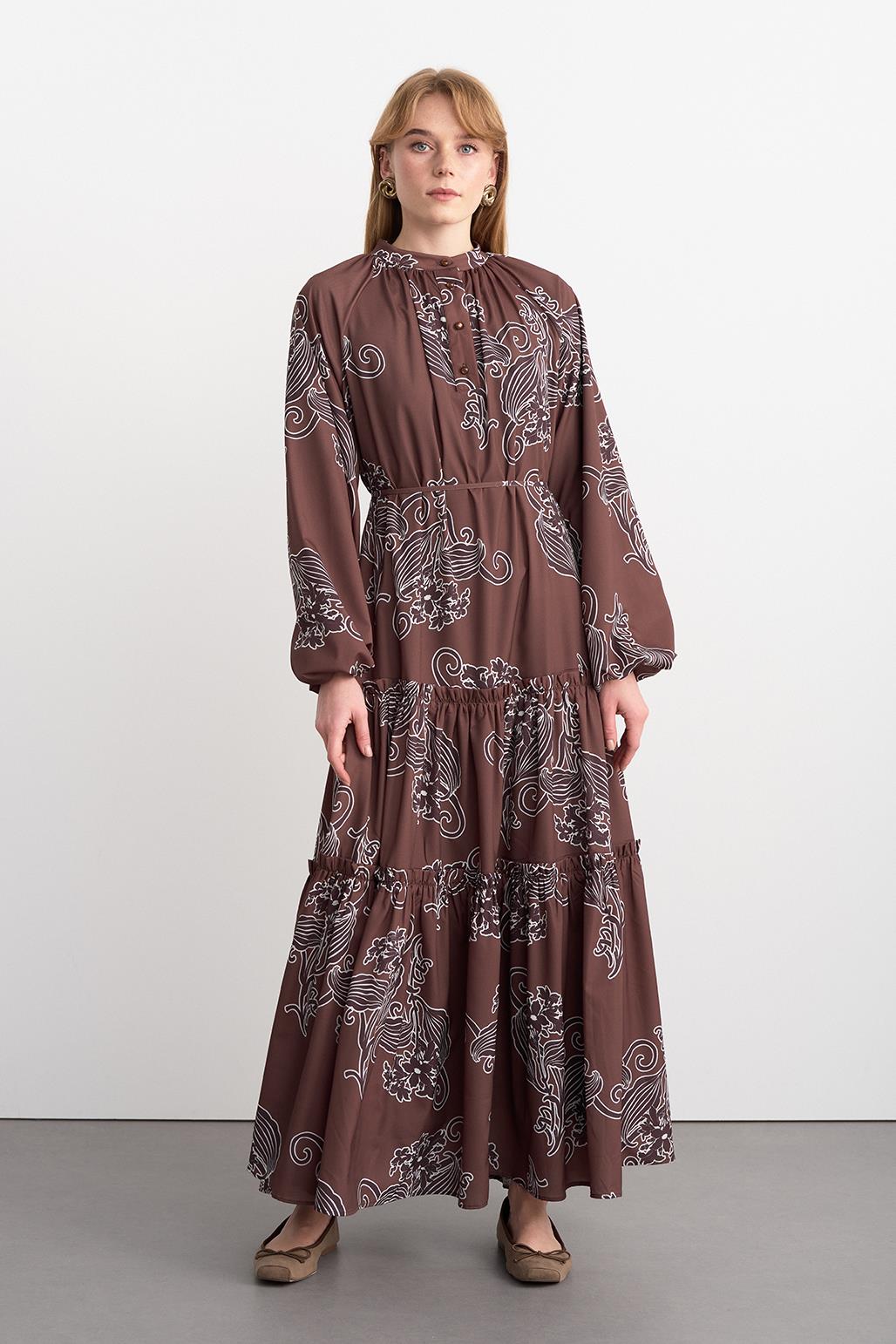 Floral Patterned Long Dress Brown