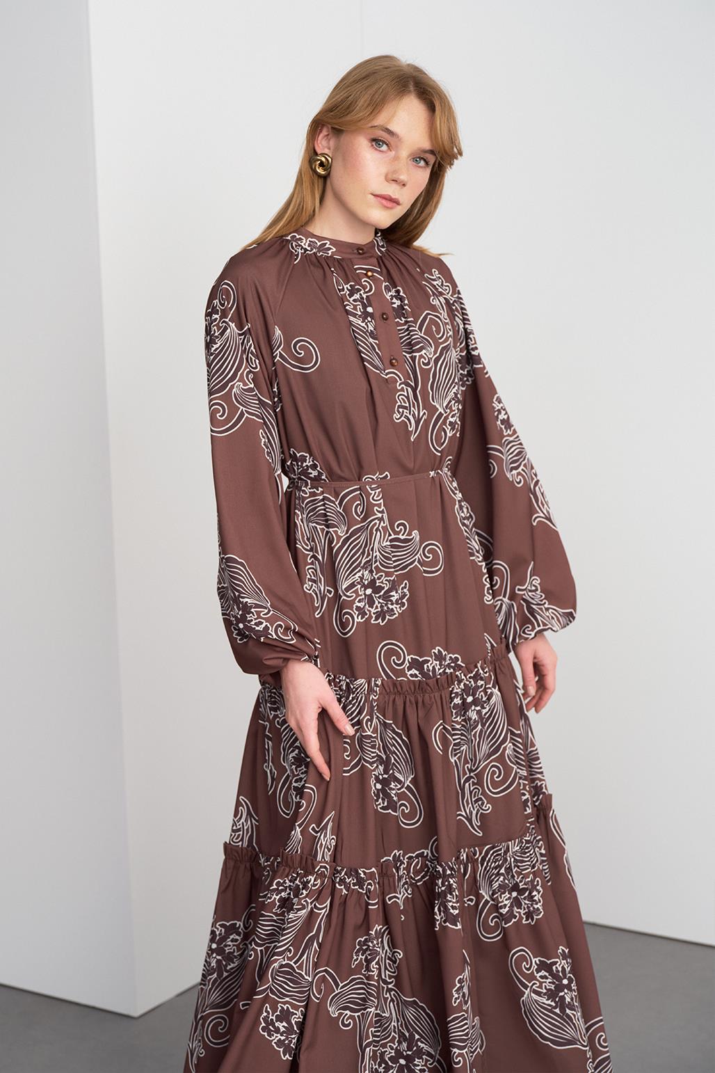 Floral Patterned Long Dress Brown