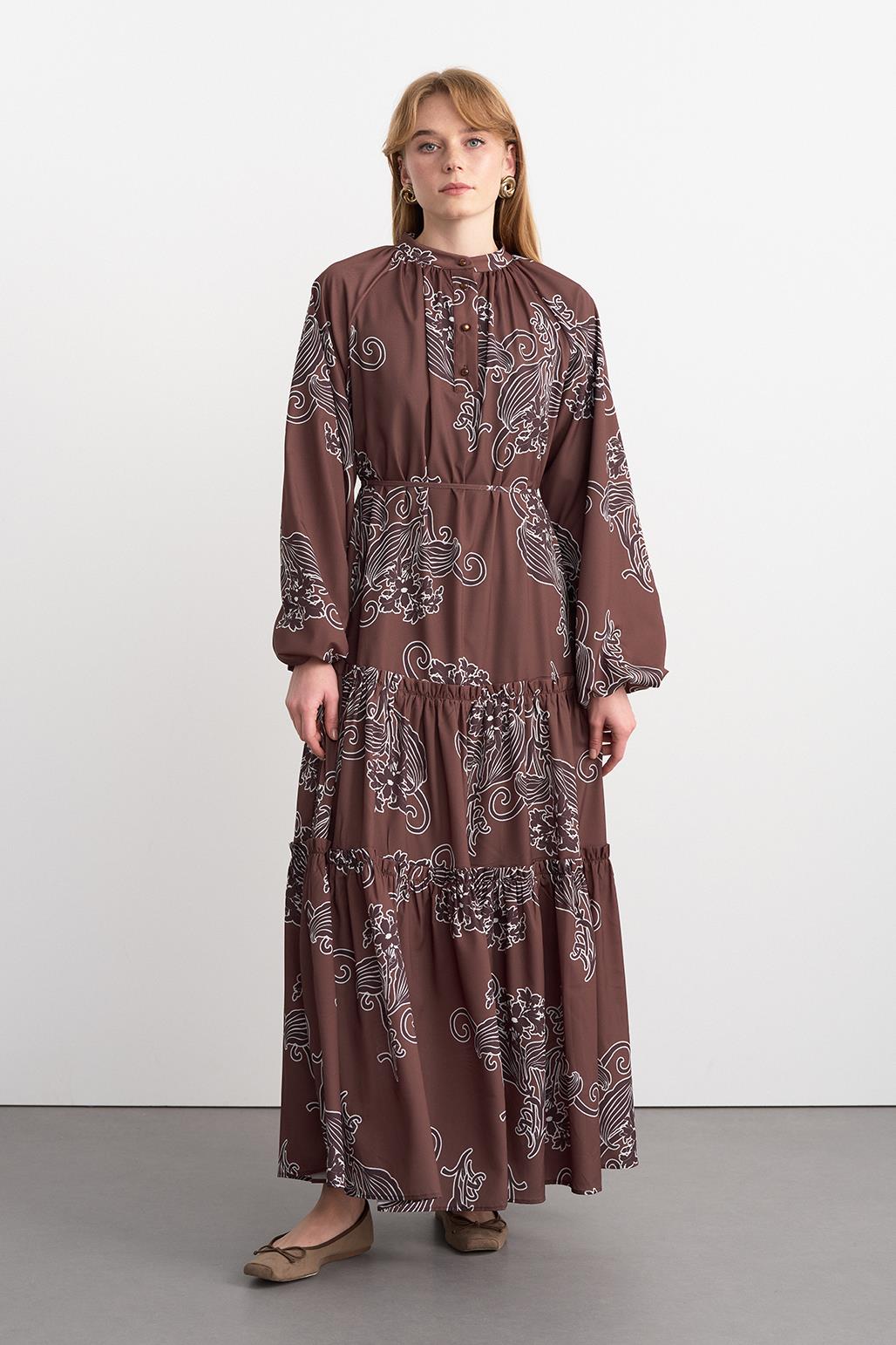 Floral Patterned Long Dress Brown