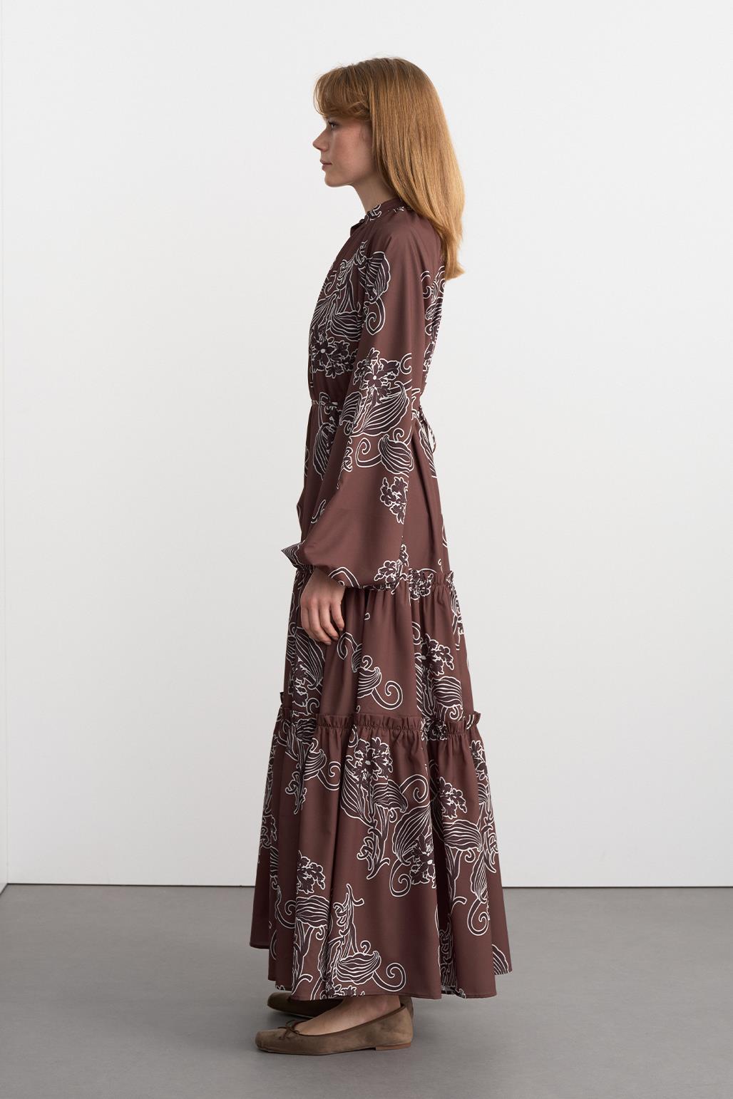 Floral Patterned Long Dress Brown