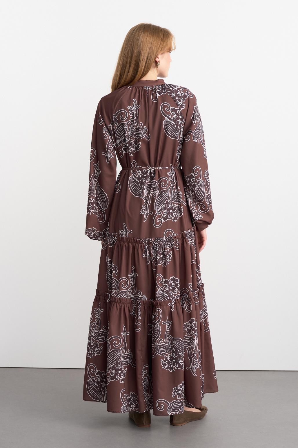 Floral Patterned Long Dress Brown