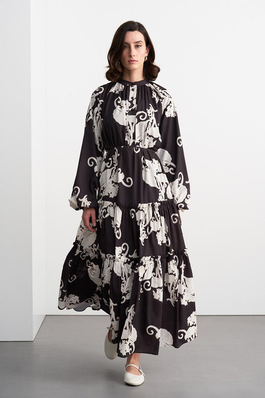 Floral Patterned Long Dress Black