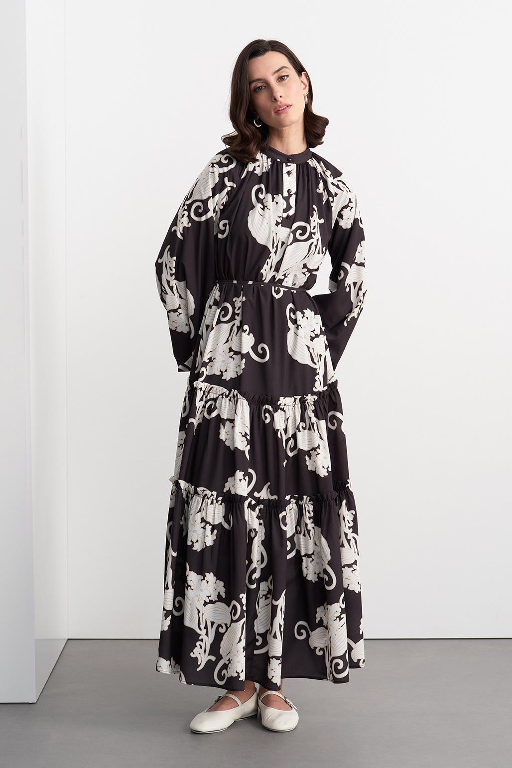 Floral Patterned Long Dress Black