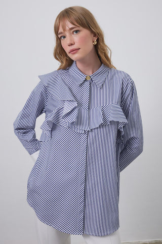 Flounced Cuff Detailed Shirt Navy Blue