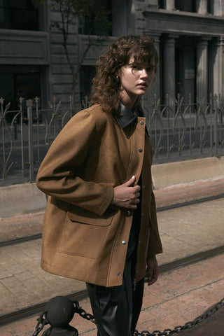 Front Zip Suede Jacket Leather Collar Camel