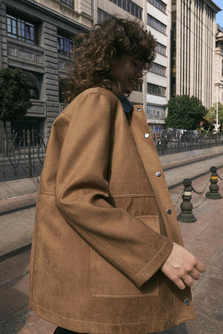 Front Zip Suede Jacket Leather Collar Camel