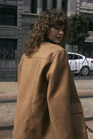 Front Zip Suede Jacket Leather Collar Camel