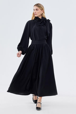 Balloon Sleeve Tunic with High Waist Skirt Set Black