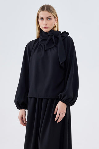 Balloon Sleeve Tunic with High Waist Skirt Set Black