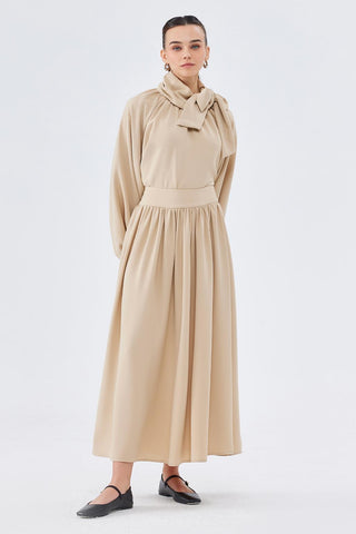 Balloon Sleeve Tunic with High Waist Skirt Set Stone