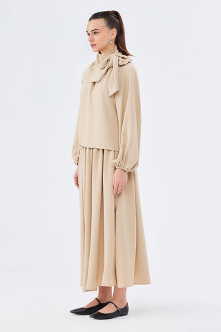 Balloon Sleeve Tunic with High Waist Skirt Set Stone