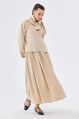 Balloon Sleeve Tunic with High Waist Skirt Set Stone