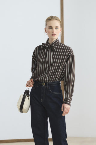 Striped Shirt with Scarf Detail Dark Brown
