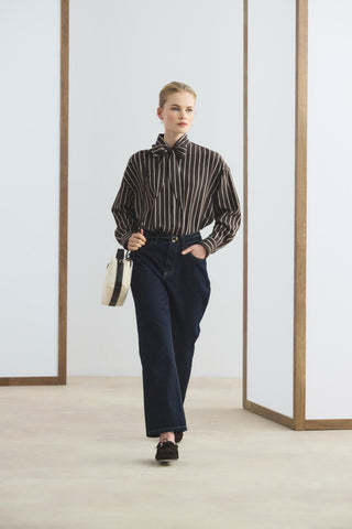 Striped Shirt with Scarf Detail Dark Brown