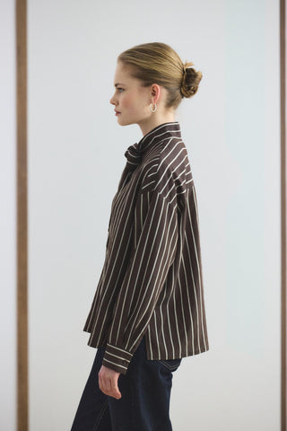 Striped Shirt with Scarf Detail Dark Brown