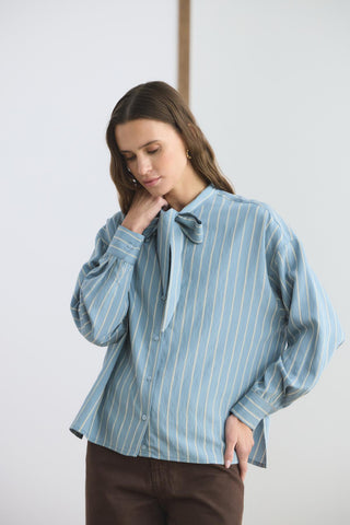 Striped Shirt with Scarf Detail Light Blue
