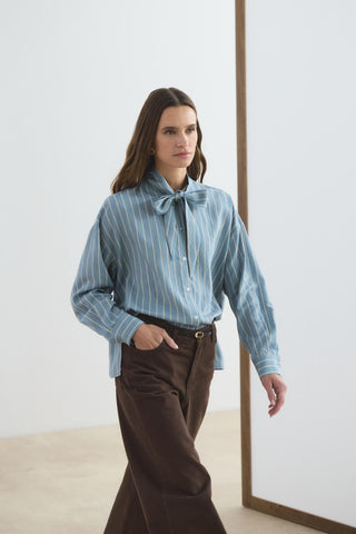 Striped Shirt with Scarf Detail Light Blue