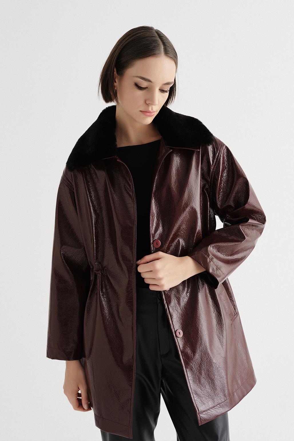 Fur Collar Leather Jacket Burgundy