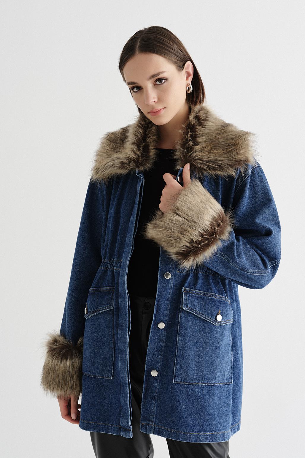 Fur Denim Jacket Medium Blue