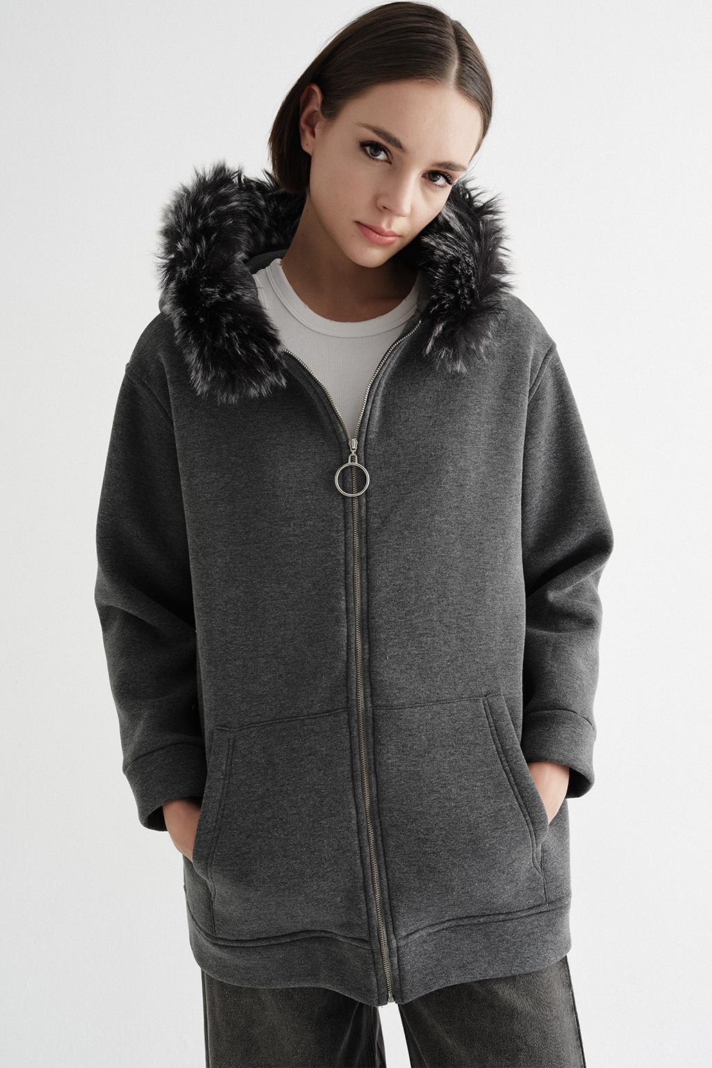 Fur Hooded Cardigan Anthracite