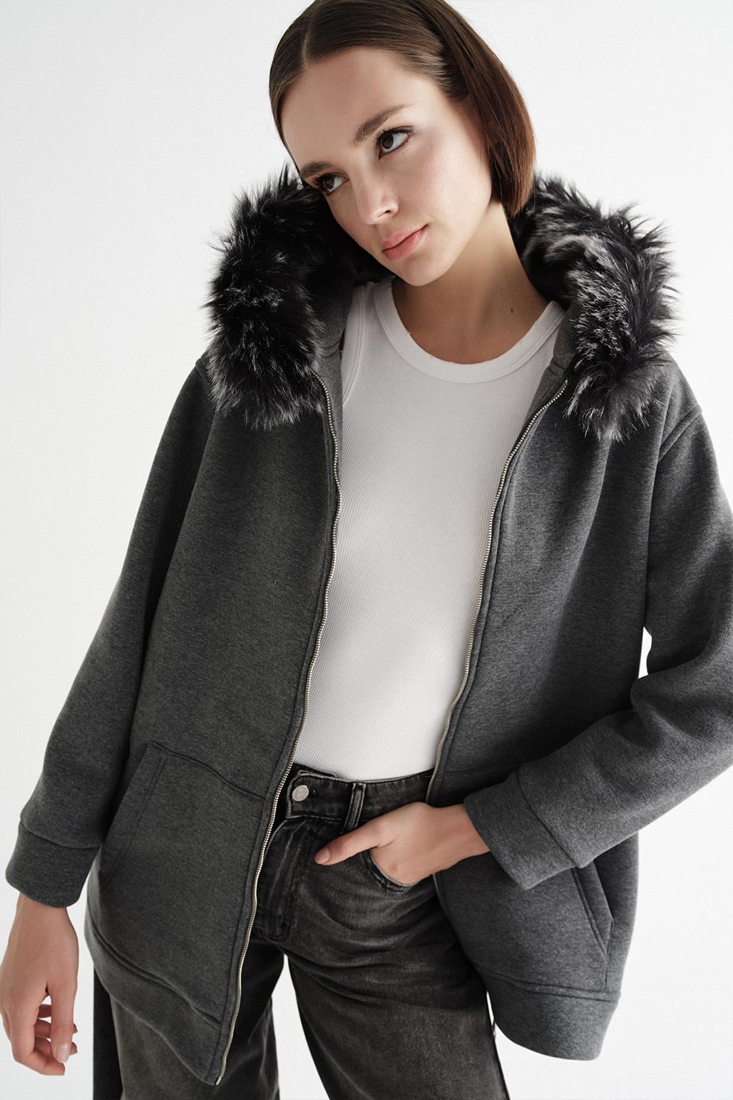 Fur Hooded Cardigan Anthracite