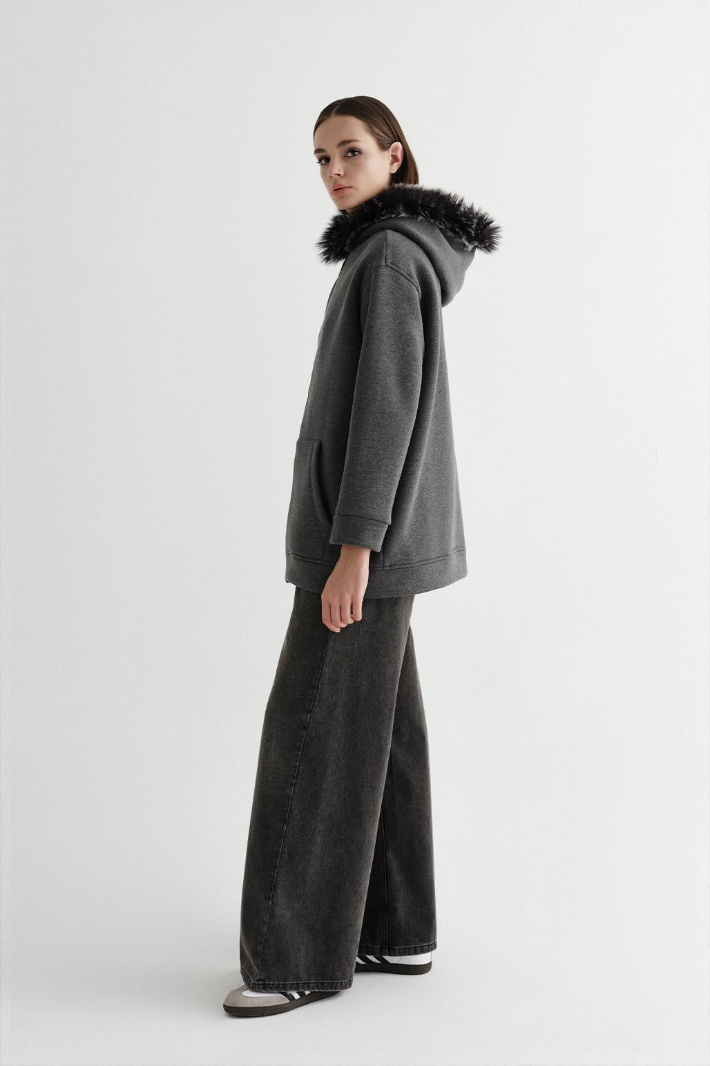 Fur Hooded Cardigan Anthracite