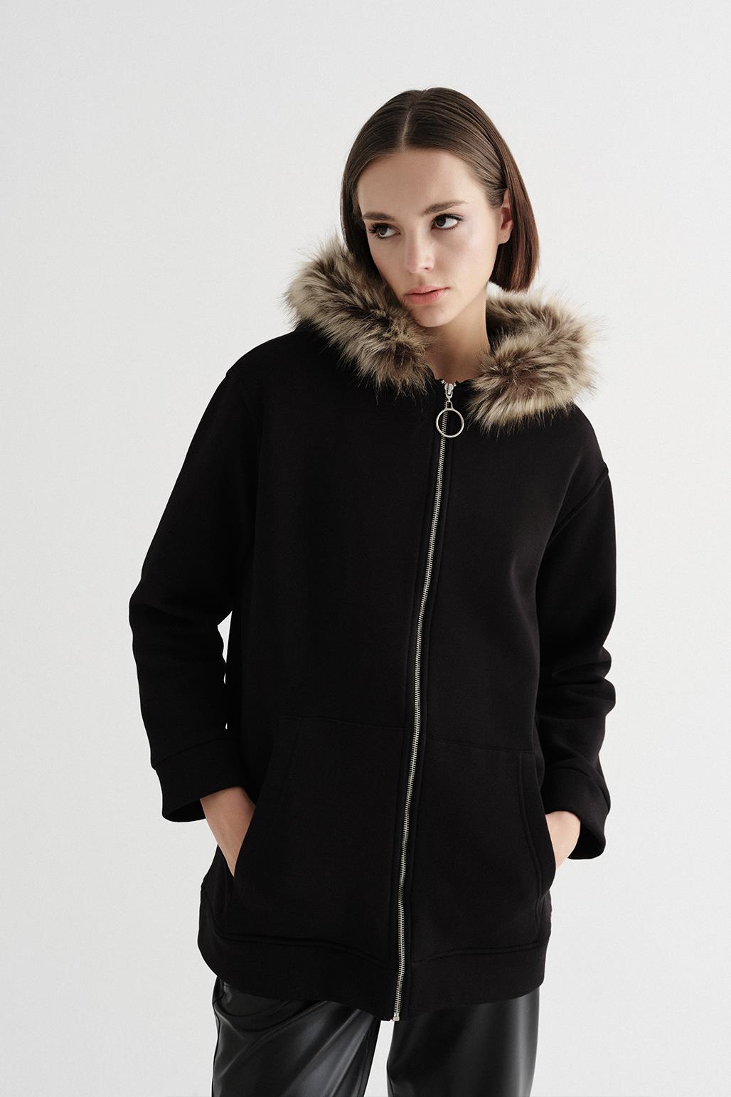 Fur Hooded Cardigan Black