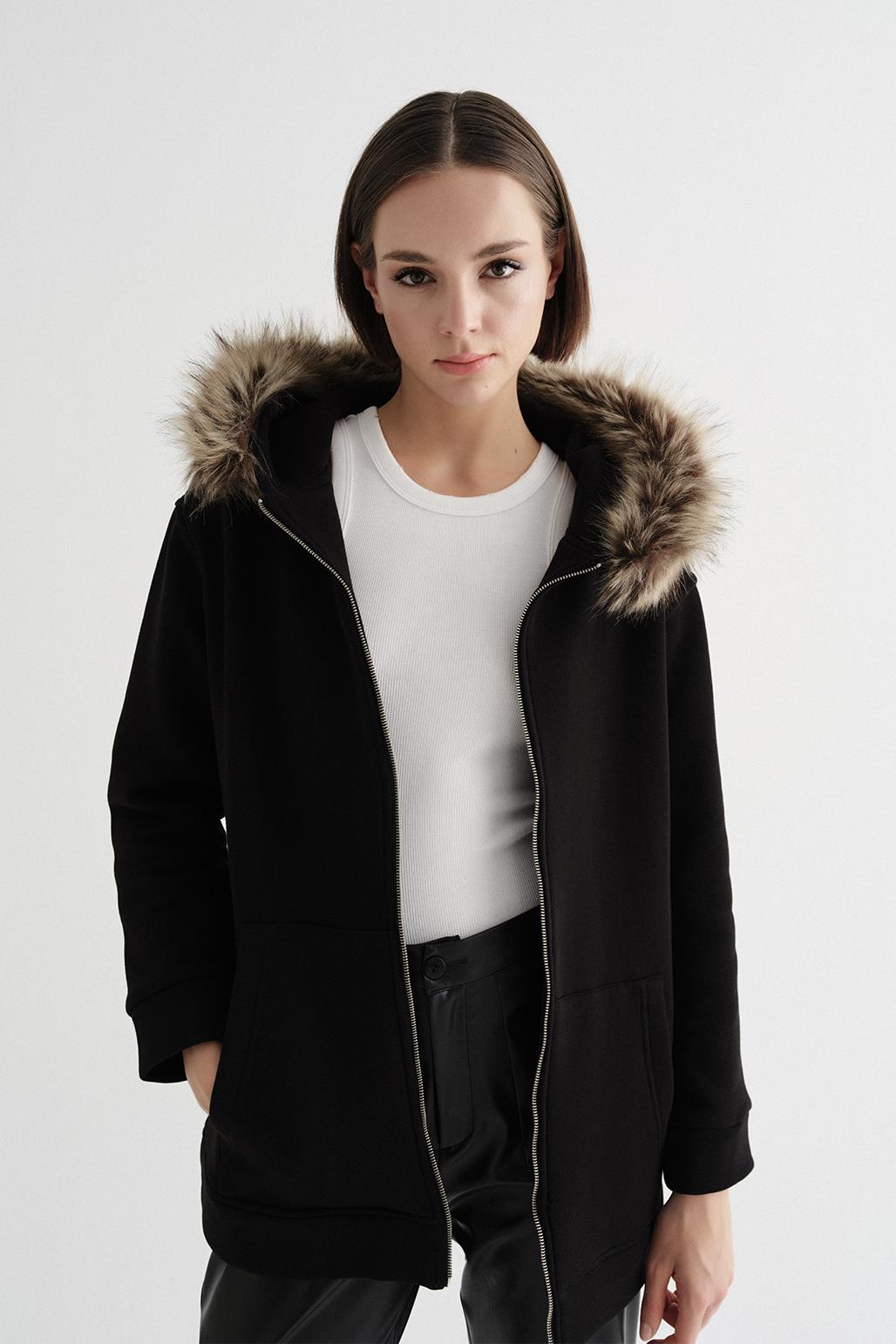 Fur Hooded Cardigan Black