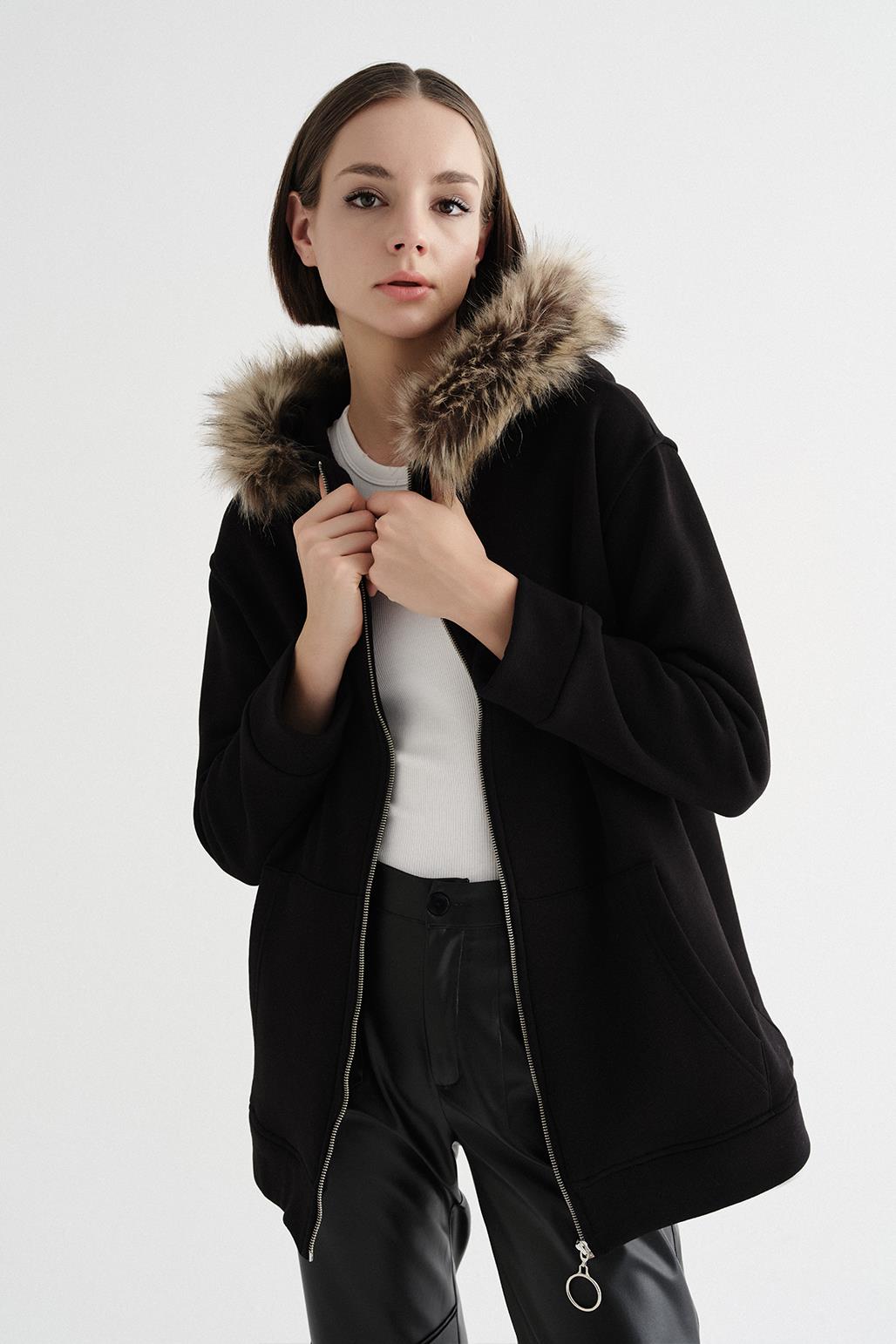 Fur Hooded Cardigan Black