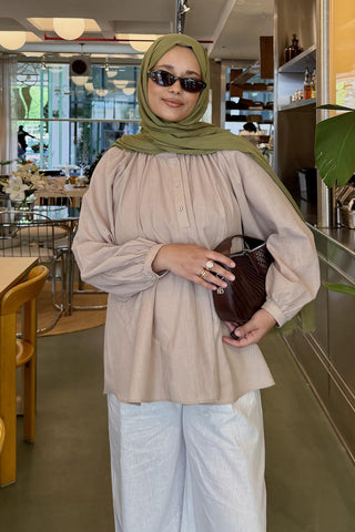 Gathered Neck Balloon Sleeve Linen Shirt Beige