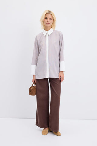 Striped Shirt with Wide Cuffs Taupe