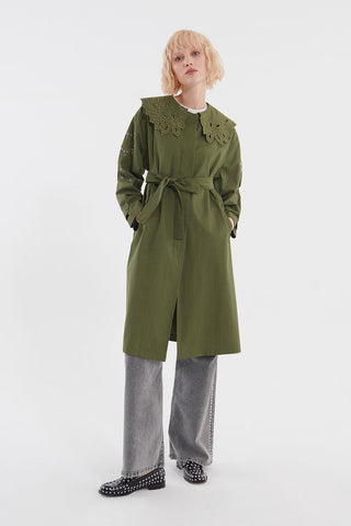 Embroidered Wide Collar Trench Coat Khaki Green